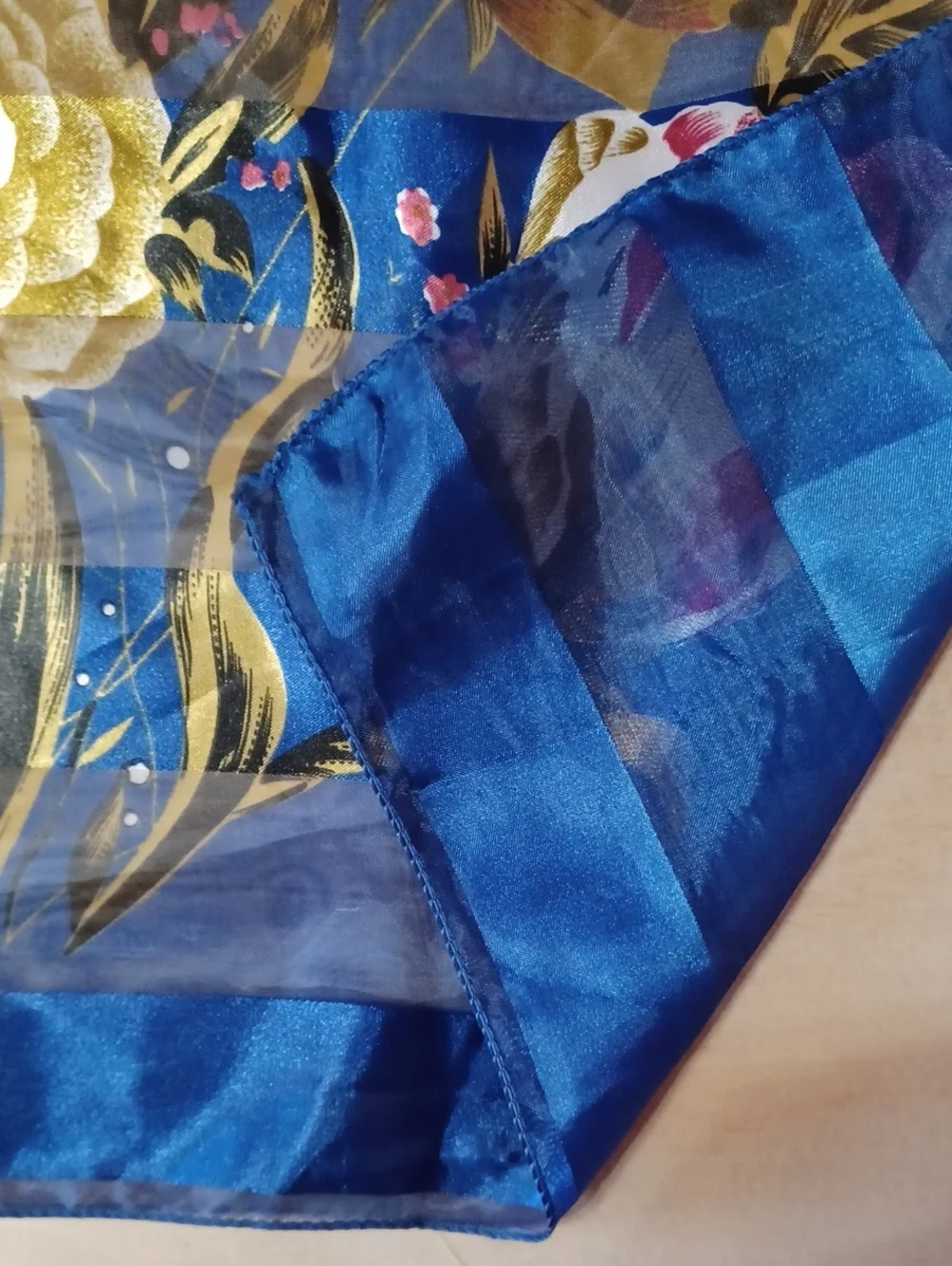 Vintage Floral Striped Square Scarf Blue Chiffon Satin 39×39 Grandma-Core